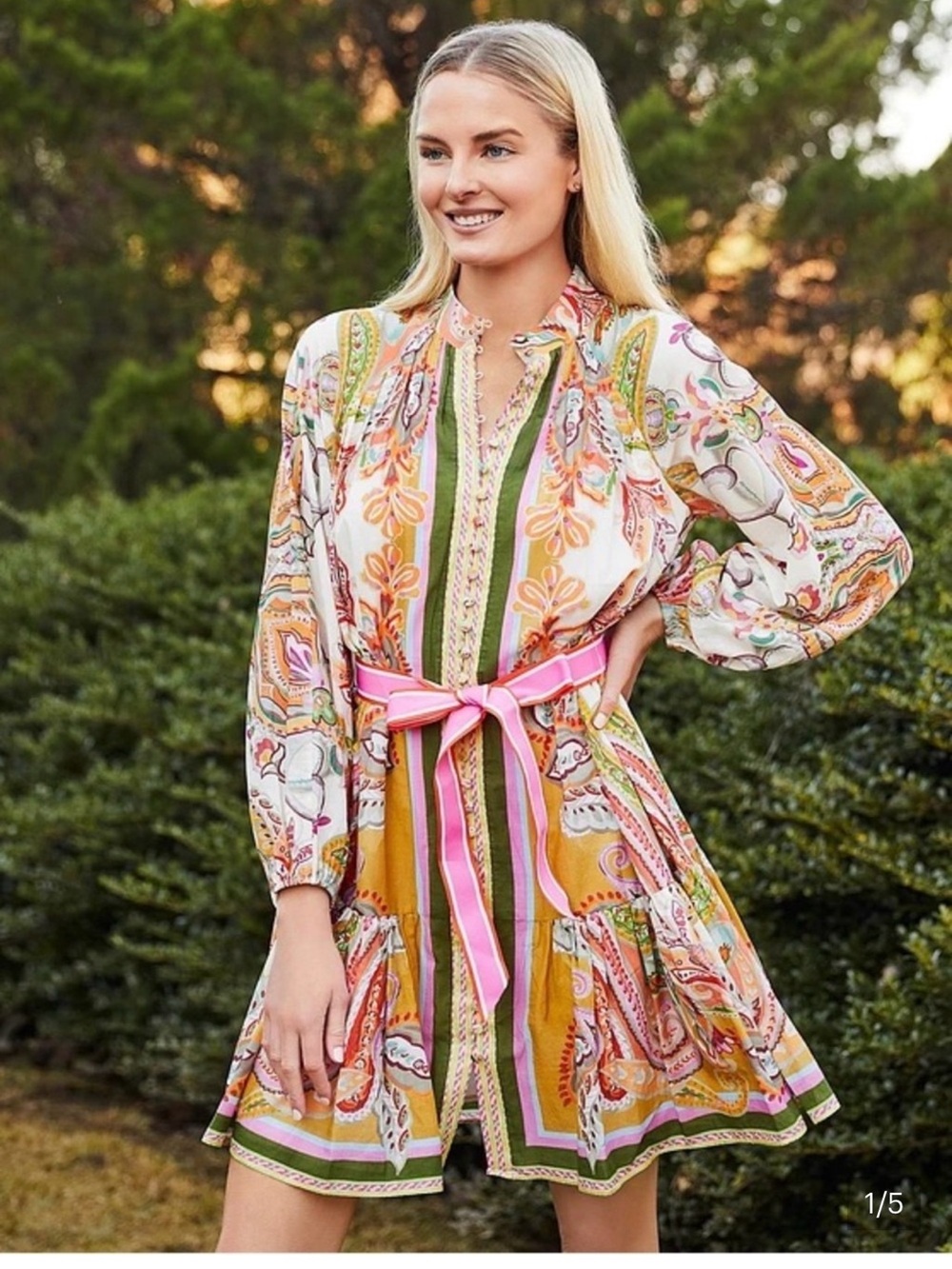 ANTONIO MELANI Floral Paisley Print Mini Dress with Pink Tie Belt Size 6